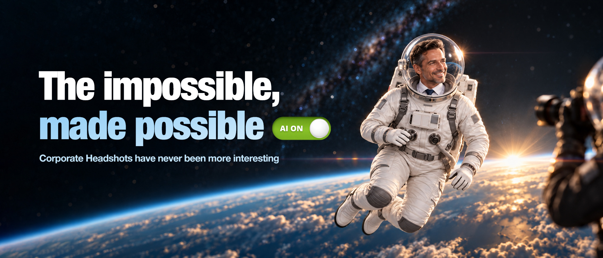A businessman in a spacesuit being photographed in orbit above Earth