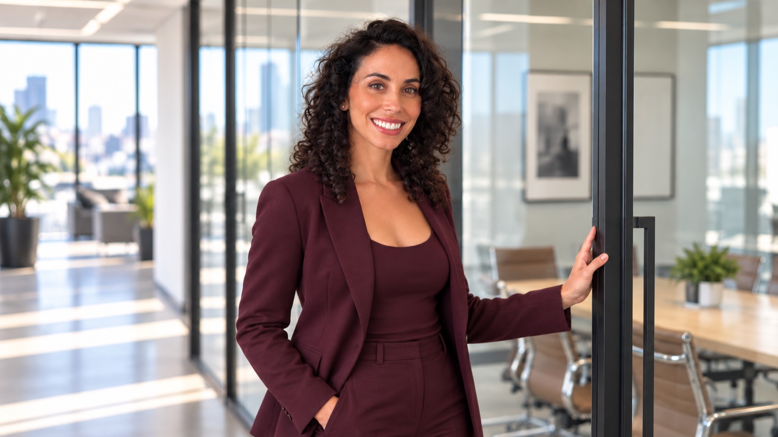 A businesswoman in a burgundy suit standing in a glass-walled London office